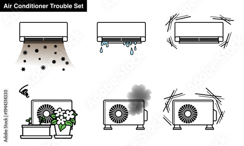 Air Conditioner Trouble Illustration Set with Indoor and Outdoor Unit Problems, Front view, Smoke, Water Leak, Noise