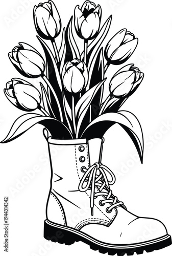 Black and white line art illustration of a bouquet of tulip flowers in a leather work boot vase