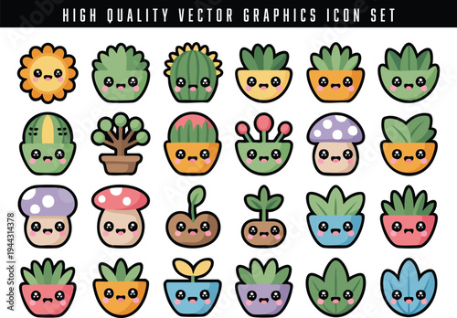 Colorful set of cute kawaii style vector plant and fruit icons