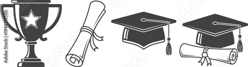 A set of black and white pencils rests beside a graduation cap and diploma to represent academic success and student learning achievement at a university or college