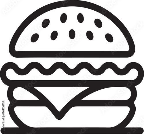 Burger Outline Icon Fast Food Sandwich, Simple black line burger illustration with bun, patty, and toppings, representing fast food, restaurant meals, and classic hamburger menu icon.