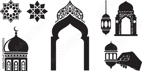Ramadan Kareem Islamic Symbols and Architecture Elements Vector Illustration
