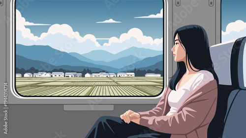 A tranquil vector illustration of a young woman enjoying the scenic beauty of the countryside from a train window, capturing the peaceful essence of a journey