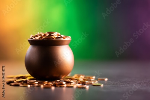 Refined 3D Clay Pot of Gold with Rainbow Reflection on Polished Surface