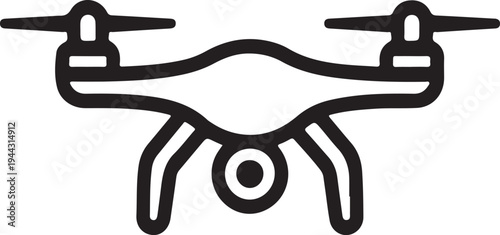 Drone Quadcopter Outline Icon Aerial Camera, Simple black line drone illustration with propellers and camera, representing aerial photography, flying technology, and modern unmanned aircraft devices.
