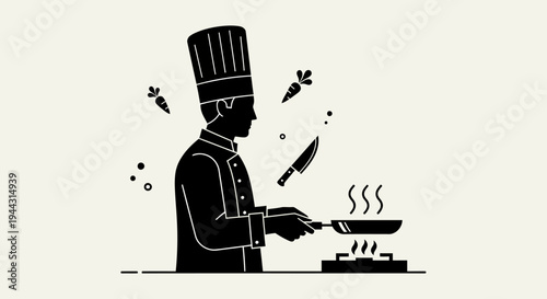 Chef cooking in kitchen with pan.