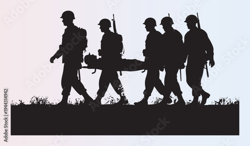 Silhouetteofsoldierscarryingawoundedcomradeinwarsetting