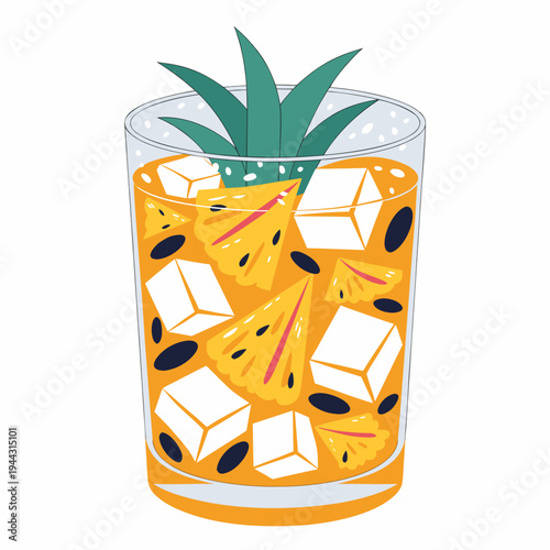 Refreshing Pineapple Cocktail With Ice Cubes And Fruit Slices Keywords: cocktail, drink, beverage, pineapple, fruit