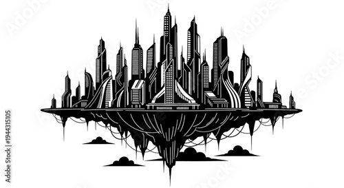 Futuristic city skyline with skyscrapers.