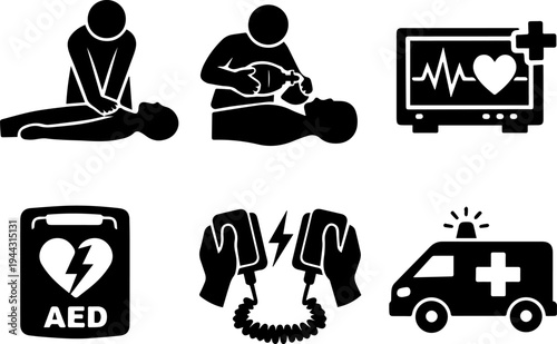 CPR defibrillator emergency medical silhouette icons. Vector