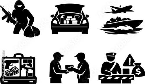 Crime smuggling illegal activity silhouette icons