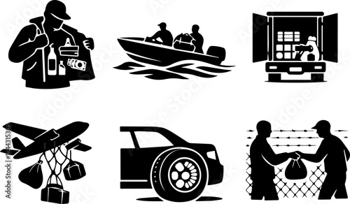 Crime smuggling illegal activity silhouette icons