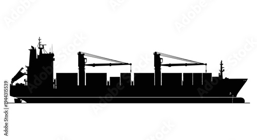 Large cargo ship silhouette on water.