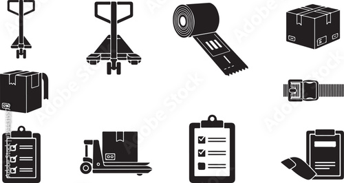 Logistics and shipping icons in black and white color