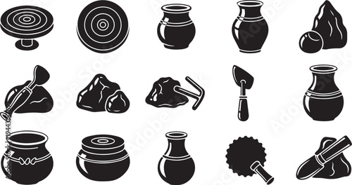 Black and white pottery tools and supplies illustration set