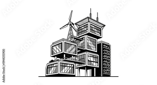 Modern building with wind turbine tower.