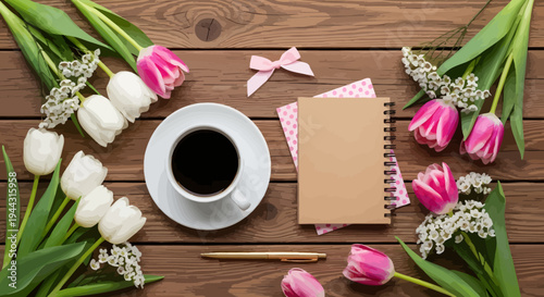 Cozy morning with tulips coffee and journal