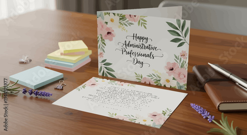 A beautifully arranged stationery and writing desk with flowers and cards