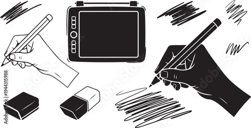 Hands holding pencils and drawing on white background