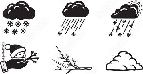 Winter weather icons and symbols in black and white