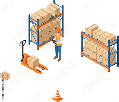Warehouse worker checking inventory with pallet jack and storage racks full of cardboard boxes, logistics distribution center isometric vector illustration
