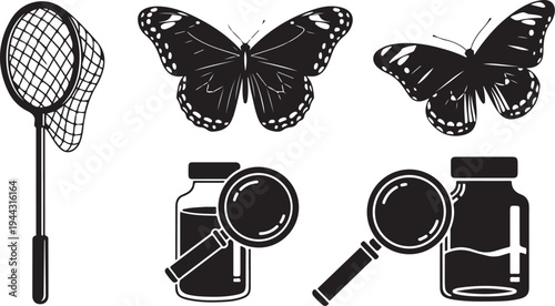 Butterfly catching tools and insects in black and white