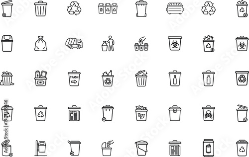 trash recycling bins waste management icons garbage containers sorting recycling symbols vector outline set isolated on transparent background