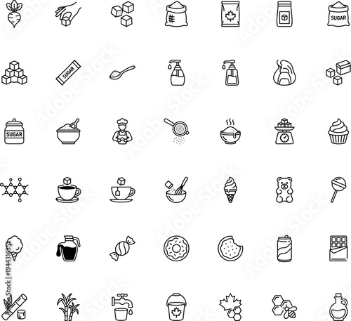 sugar cubes sweet food icons candy dessert ingredients and confectionery vector outline icon set with spoon jar syrup cupcake donut and candy isolated on transparent background