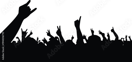 Concert crowd silhouette cheering hands, flat vector illustration, cad drawing, live music festival, rock party, audience celebration, event fan performance.