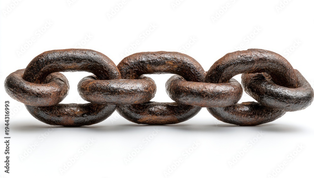 Fototapeta premium Three heavily rusted metal chain links on a white background, close-up shot