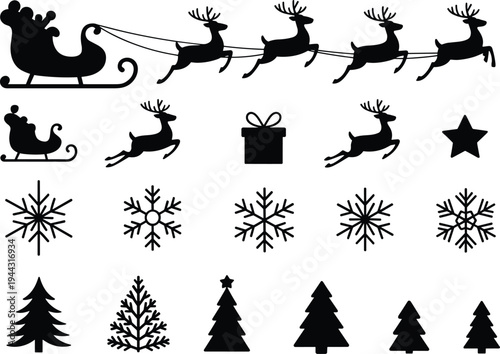 Christmas silhouette set, Santa sleigh and reindeer, flat vector illustration, cad drawing, snowflakes, pine trees, gift box, winter holiday star.