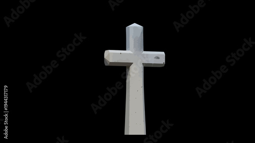 A white cross with a crystal on top against a black background