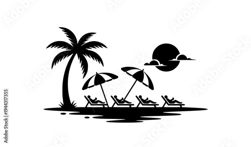 Beach Scene Silhouette with Palm Tree, Umbrellas and Lounge Chairs – Tropical Vector