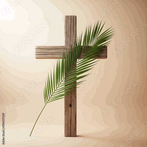 A christian cross with a palm frond on a beige background