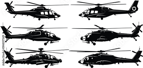 Collection of various helicopter silhouettes including military gunship and civilian transport aircraft for aviation industry and tactical design.