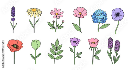 A vibrant collection of hand-drawn flowers in various styles, featuring colorful blossoms and green stems