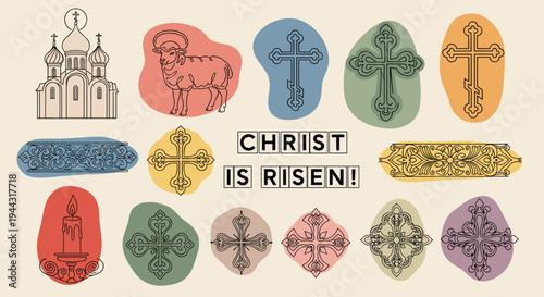 A vibrant illustration featuring religious symbols, including crosses, a candle, and a ram, in a modern style