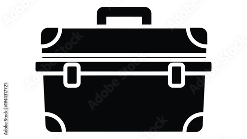 Black metal storage trunk with handle and latch on white background