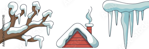 Winter Season Illustration Set with Snow Covered Tree Branch Cozy House with Chimney and Hanging Icicles Vector Design