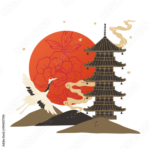 Japanese pagoda and crane bird on red sun, vector hand drawn illustration