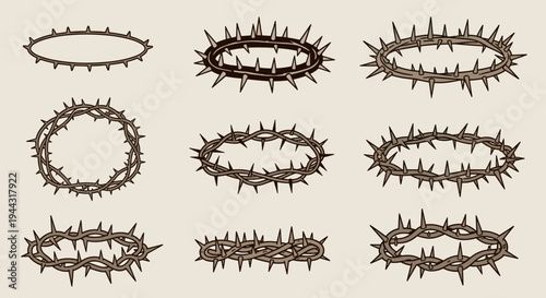 A collection of various thorny crown designs in a minimalist style, suitable for decorative or thematic use