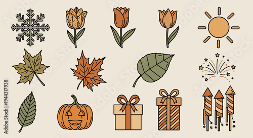 A colorful collection of seasonal icons including leaves, flowers, a pumpkin, gifts, and festive elements in a modern flat style