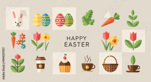 Happy Easter Flat Icons: Bunny, Eggs, Tulips, Carrot, Coffee, Cupcake, Basket