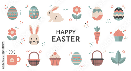 Happy Easter Greeting Card with Cute Bunny, Eggs, Flowers, and Cupcakes