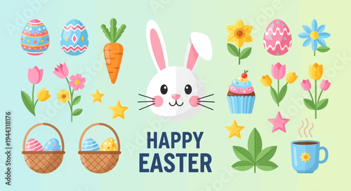Happy Easter Bunny, Eggs, Flowers, Carrot, Cupcake, Basket, Coffee Cup