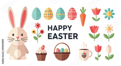 Happy Easter Bunny, Eggs, Flowers, Cupcake, Carrot, Coffee Cup, Basket - Festive Spring Holiday Illustration