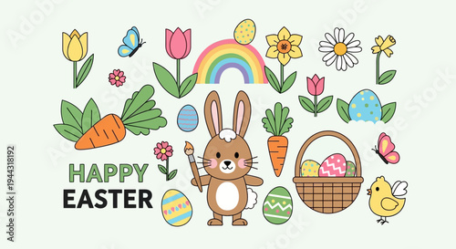 Happy Easter Bunny, Eggs, Flowers, and Chicks - Festive Spring Holiday Illustration