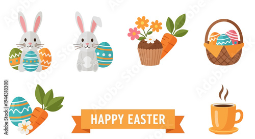 Happy Easter Collection: Bunnies, Decorated Eggs, Carrots, Cupcake, and Coffee
