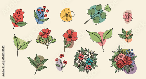 A vibrant collection of hand-drawn floral elements featuring various flowers and leaves in a colorful, modern style