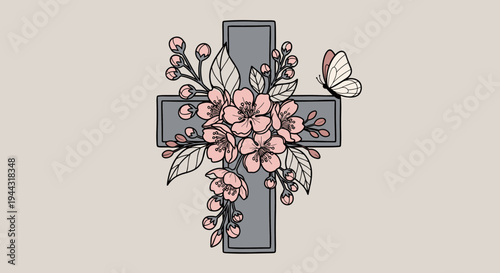 A decorative cross adorned with floral elements and a butterfly, featuring a modern line art style